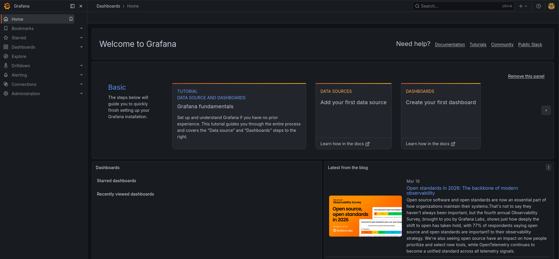 Grafana dashboard authenticated with default admin:admin credentials